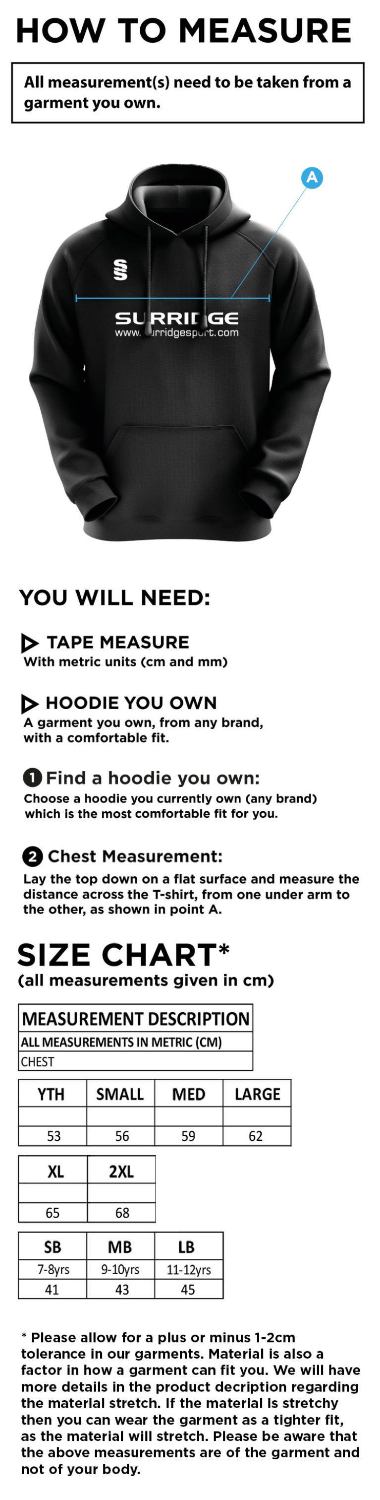 Pelicans Hockey  Blade Hoody - Size Guide