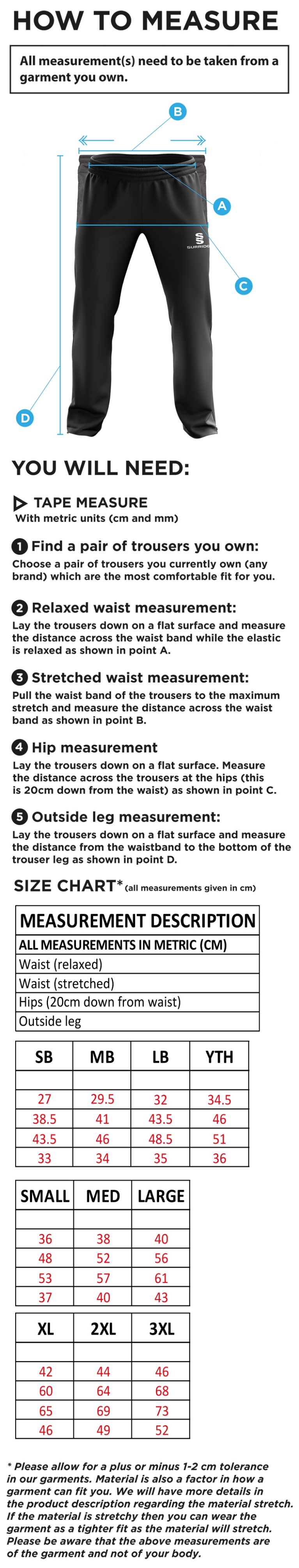 Pelicans Hockey Ripstop Track Pant Black - Size Guide