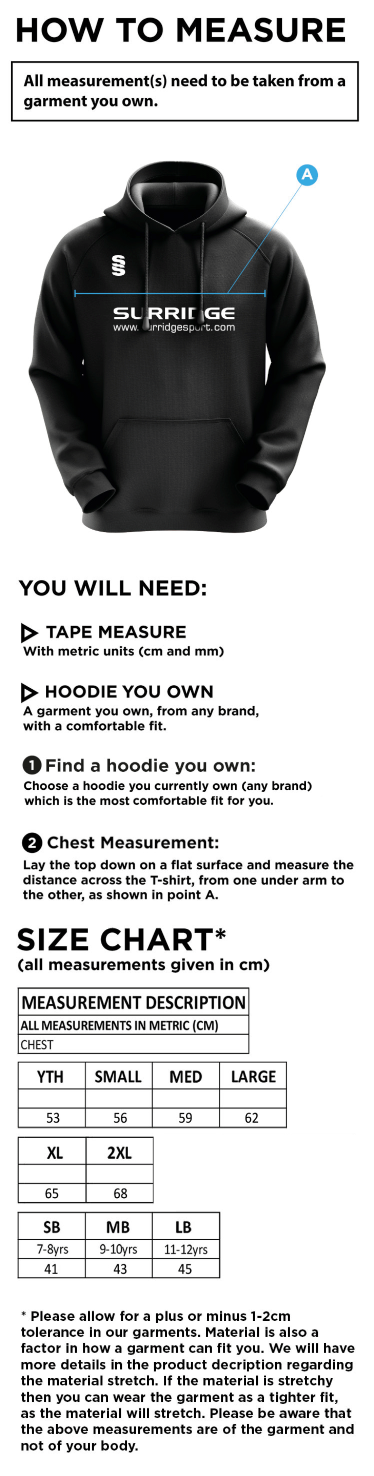 Pelicans Hockey  Blade Hoody - Size Guide
