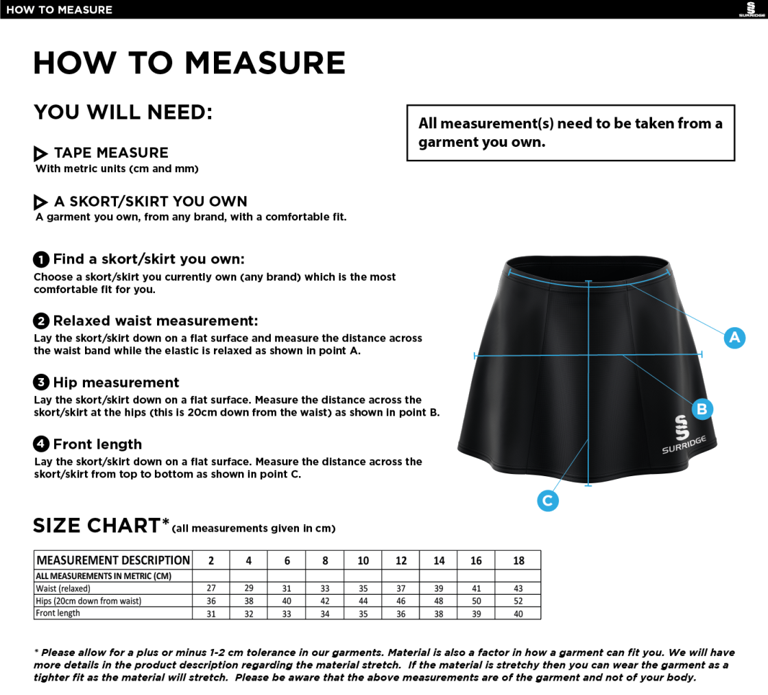 Pelicans Hockey Black Skort - Size Guide