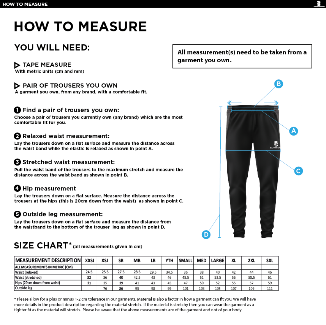 Pelicans Hockey Tek Slim Pant Black - Size Guide