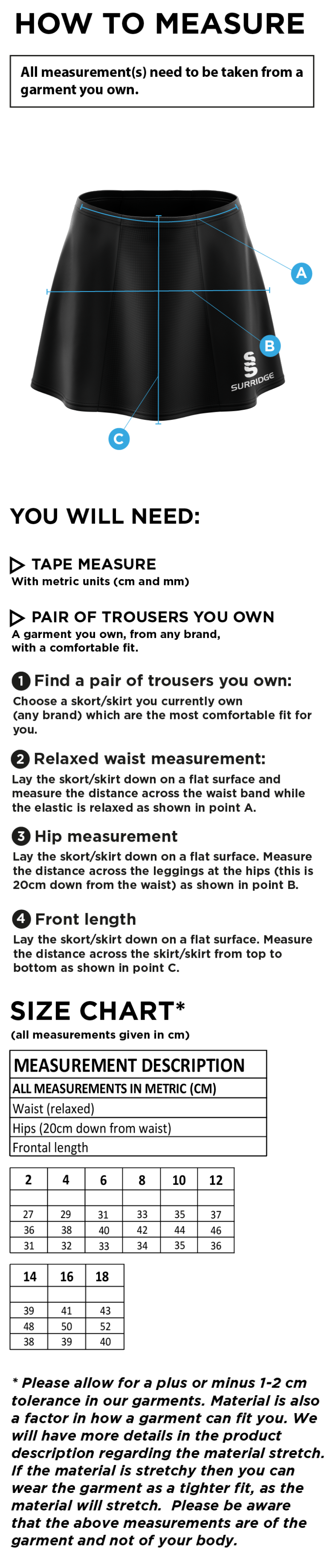 Pelicans Hockey Black Skort - Size Guide