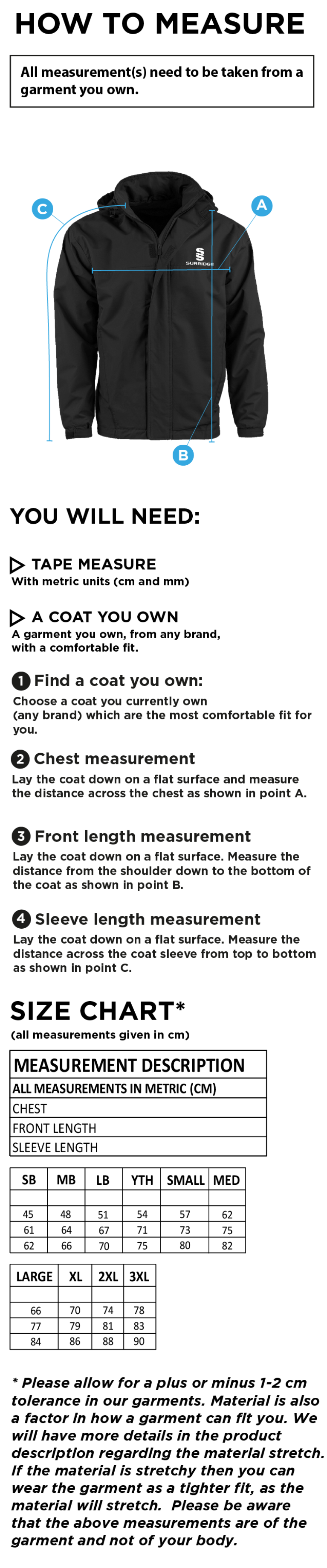 Pelicans Hockey Fleece-LineD Jacket - Size Guide