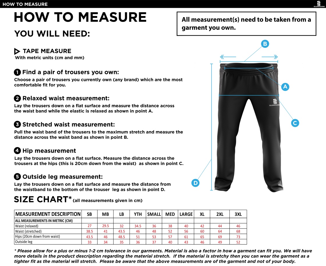 Pelicans Hockey Ripstop Track Pant Black - Size Guide